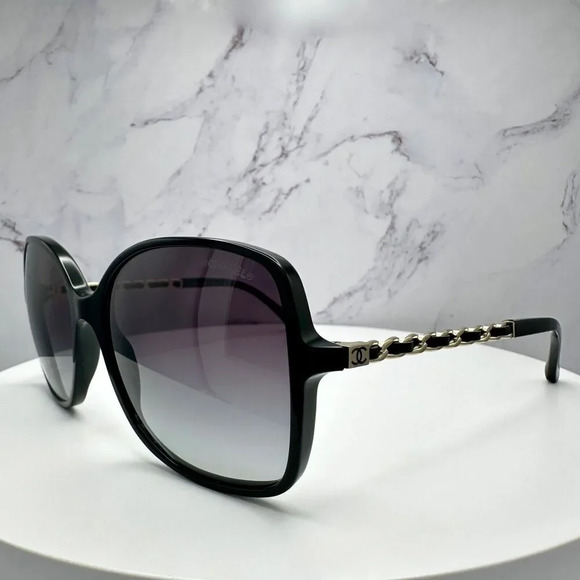 CHANEL Sunglasses Black Gold Chain Arms Interlocking CC Logo Acetate Square New - Picture 16 of 16